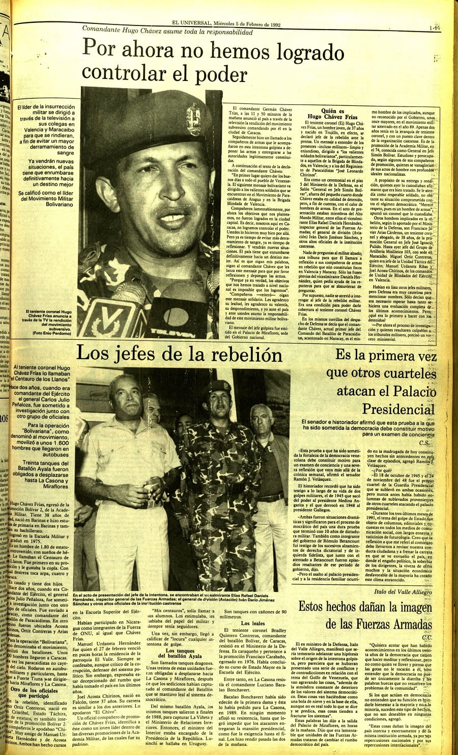 Lidera la insurrección cívico-militar en contra del gobierno corrupto de Carlos Andrés Pérez